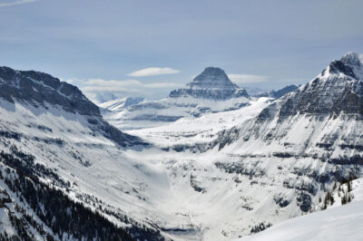 Distant view of snow covered Going-to-the-Sun Road, Glacier National Park, Montana.